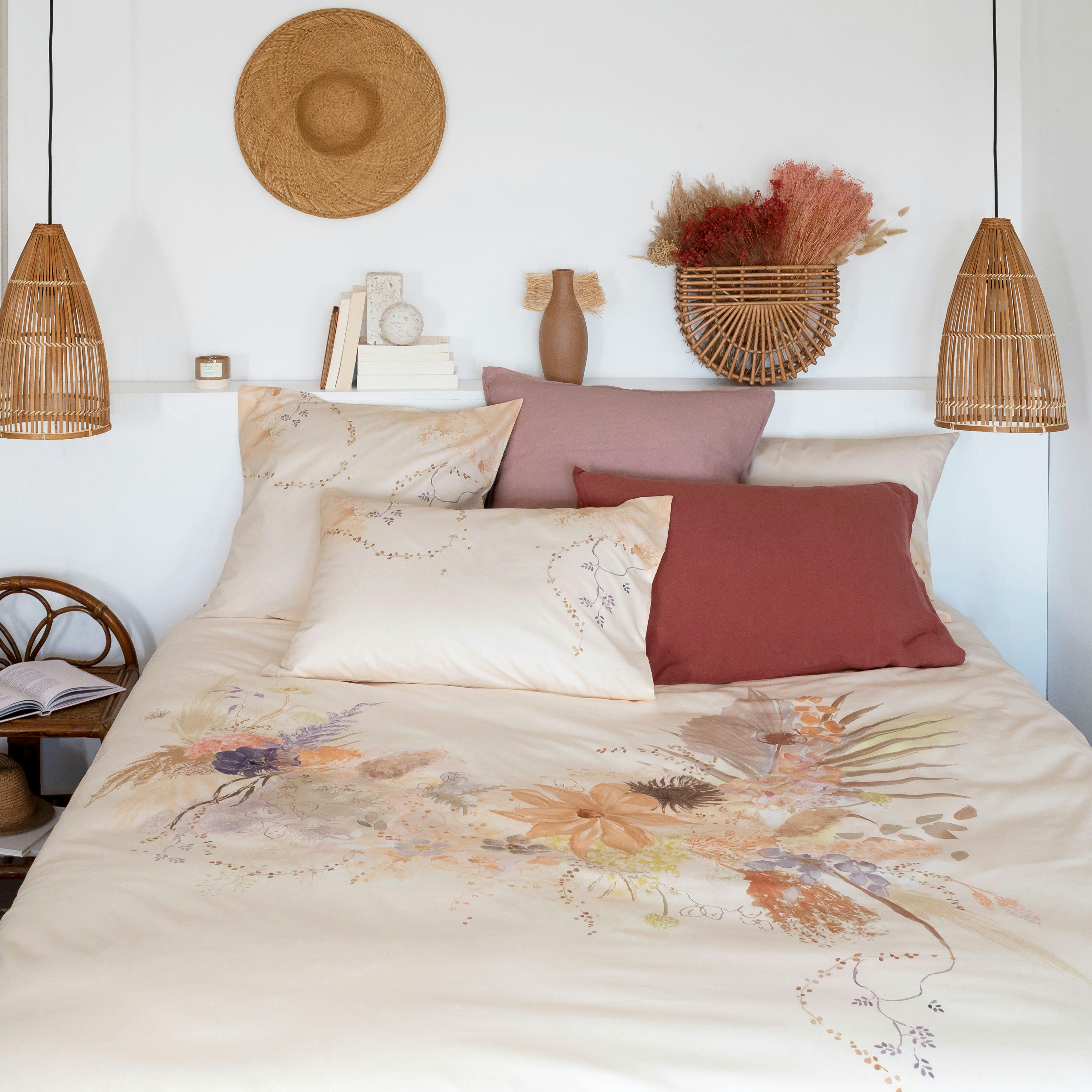 BLOOMART - Housse de couette percale de coton imprimé beige 260 x 240 cm