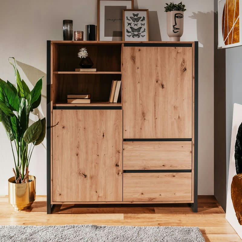 DENVER - Buffet haut 2 portes 2 tiroirs L120 cm - Décor Bois Clair