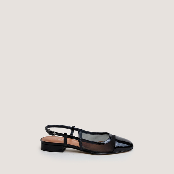 Ballerines slingbacksen vernis plissé noir et résille noire | DRAGUS