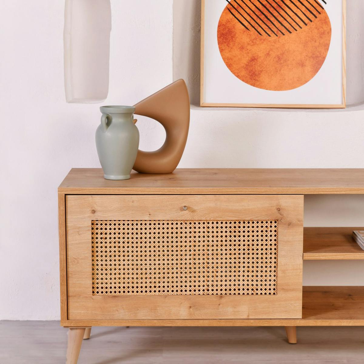 Meuble TV cannage 1 espace rangement 2 niches MARFA