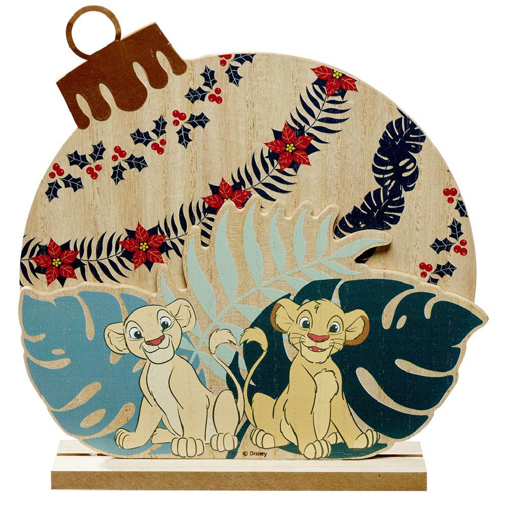 Déco à poser forme boule de No&euml;l plate en bois Le Roi Lion Simba Nala