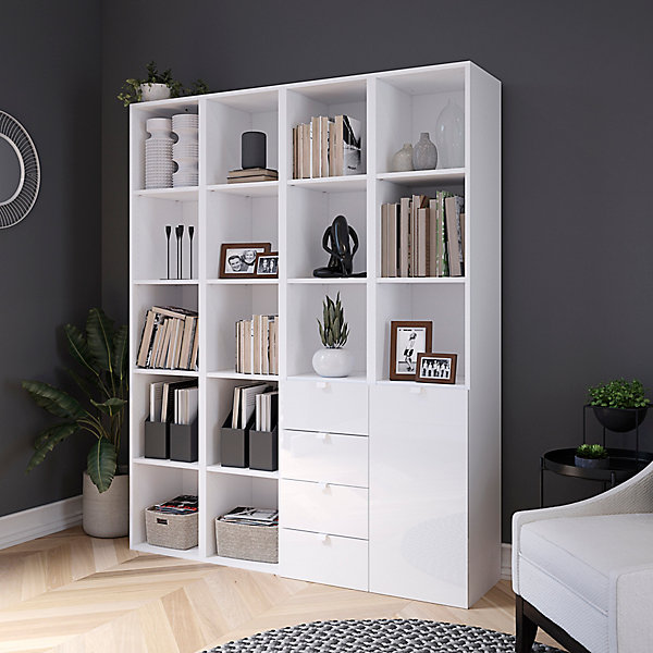 étagère bibliothèque avec tiroirs et porte blanche brillante GoodHome Atomia H. 187,5 x L. 150 x P. 37 cm