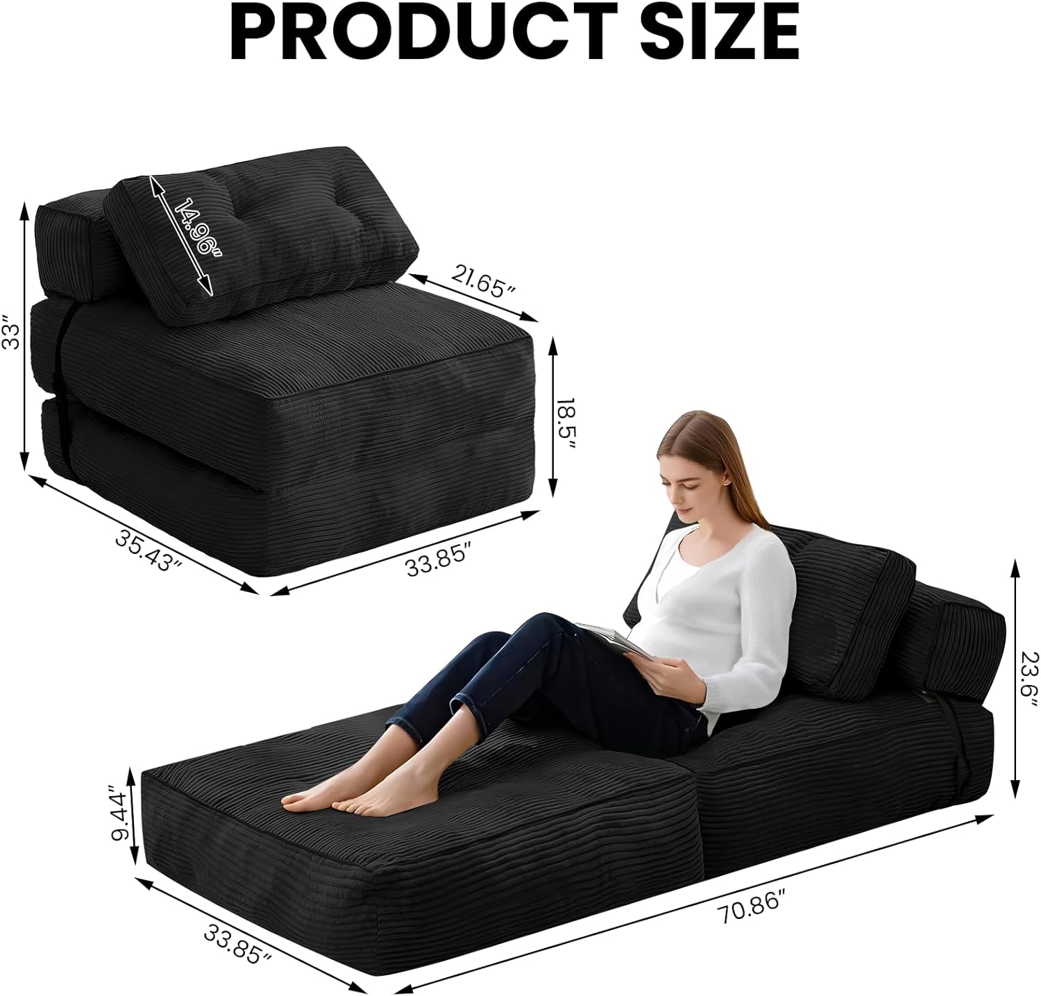 tantohom Folding Sofa Bed, Convertible Sleeper Chair with Pillow Foldable Mattress with Back Support,Space-Saving Sofa for Living Room,Bedroom (Black)