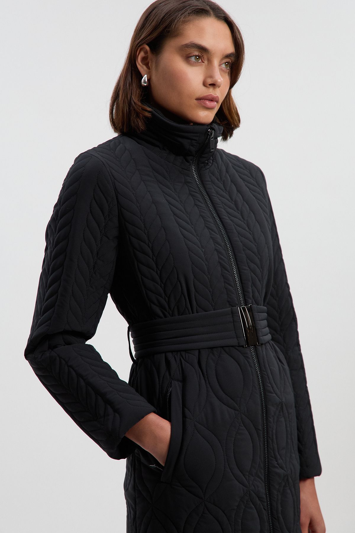 KarenMillen Multi Stitch Detail Belted Padded Midi Coat