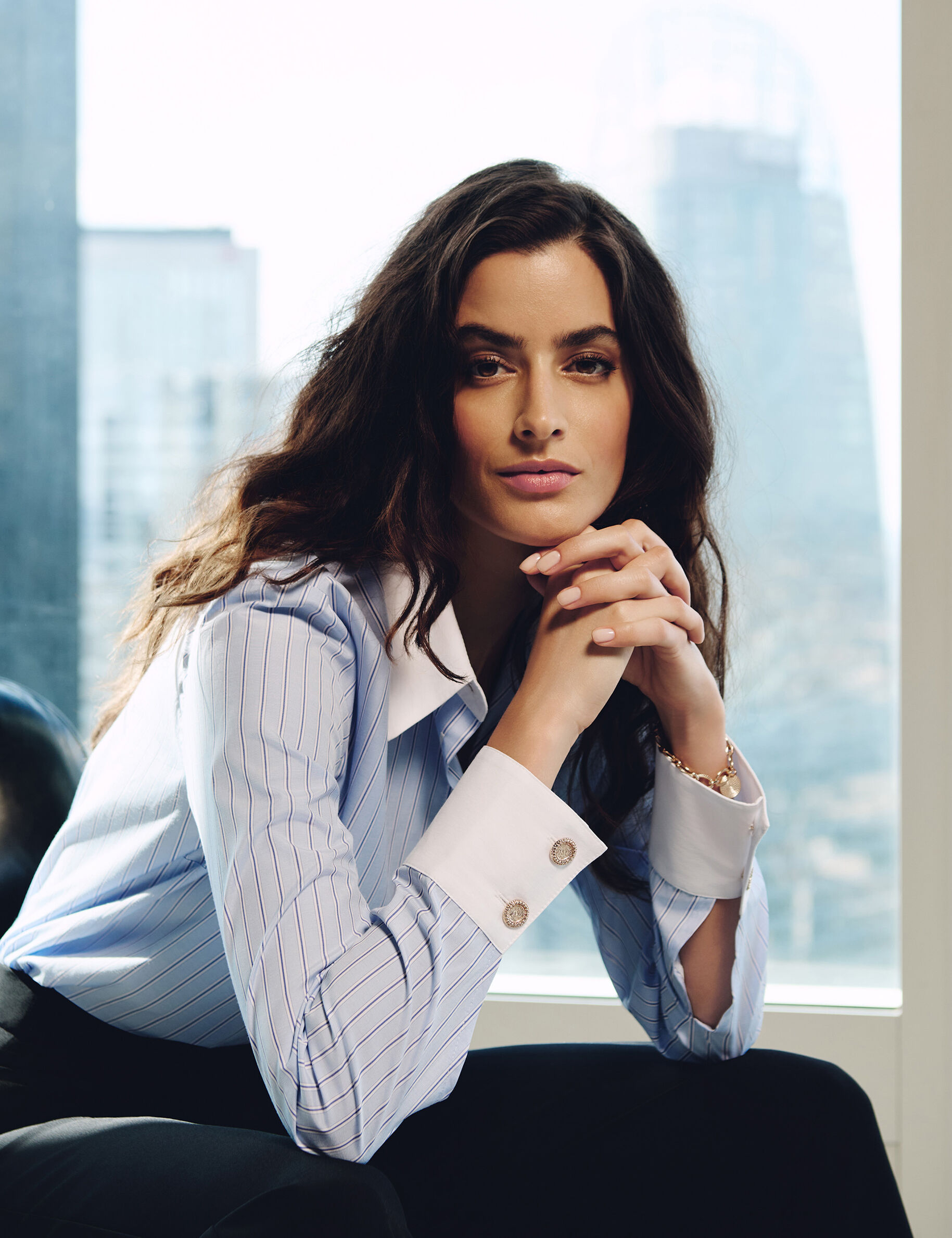 Striped Long-Sleeved Shirt Sky Blue Women