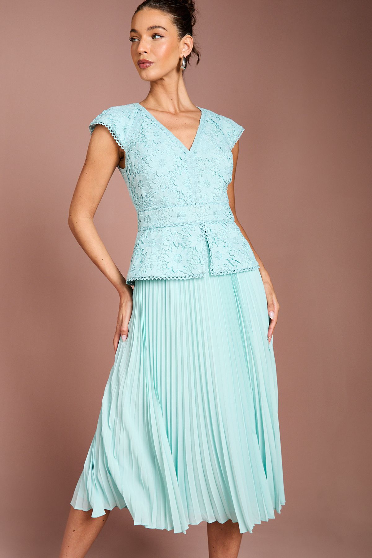 Coast V Neck Lace Bodice Peplum Midi Dress