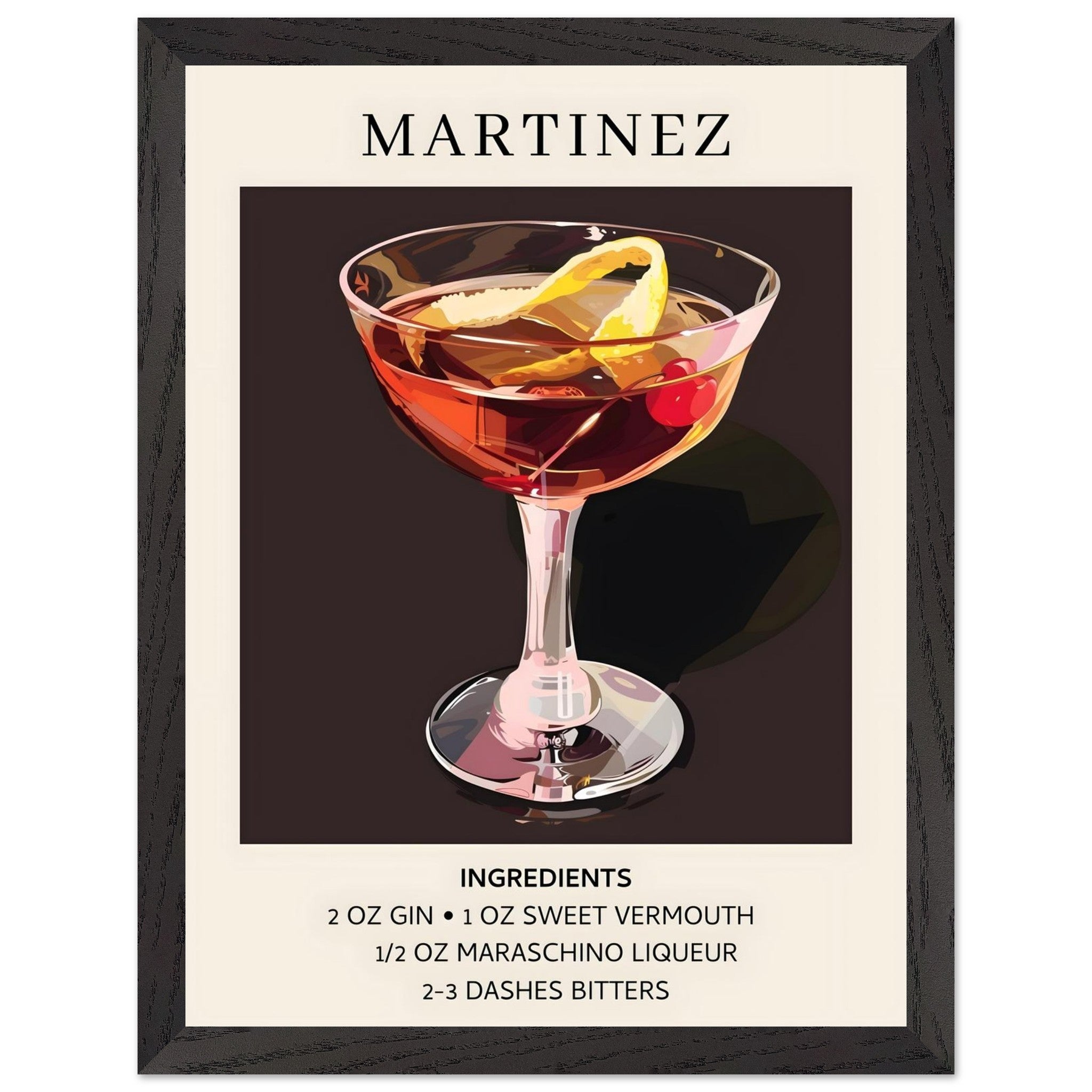 Artfulprints Poster met Lijst Martinez cocktail - Ingrediënten  - 30x40 cm - Zwart