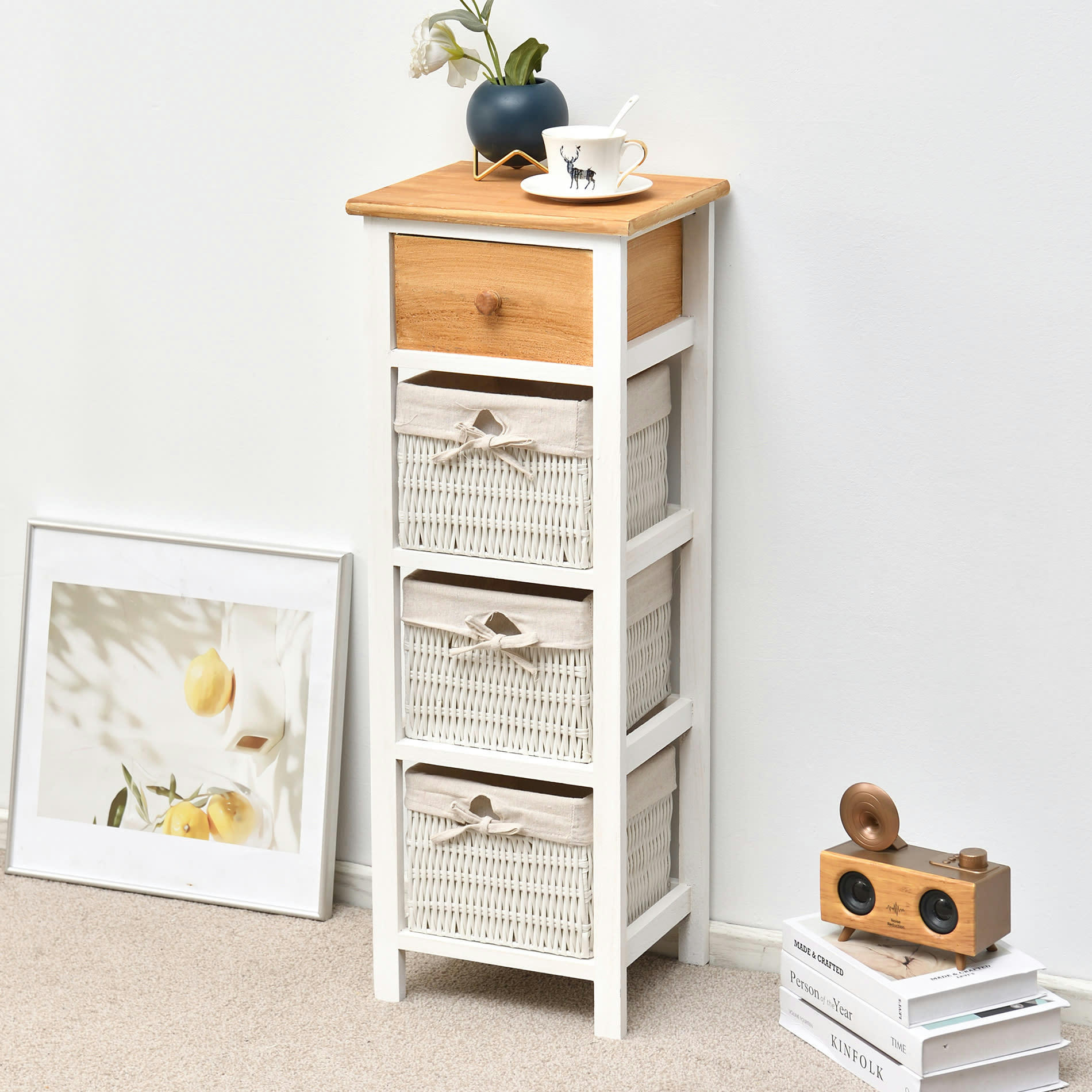 - Chiffonnier étroit à 4 tiroirs en bois et osier blanc et brun