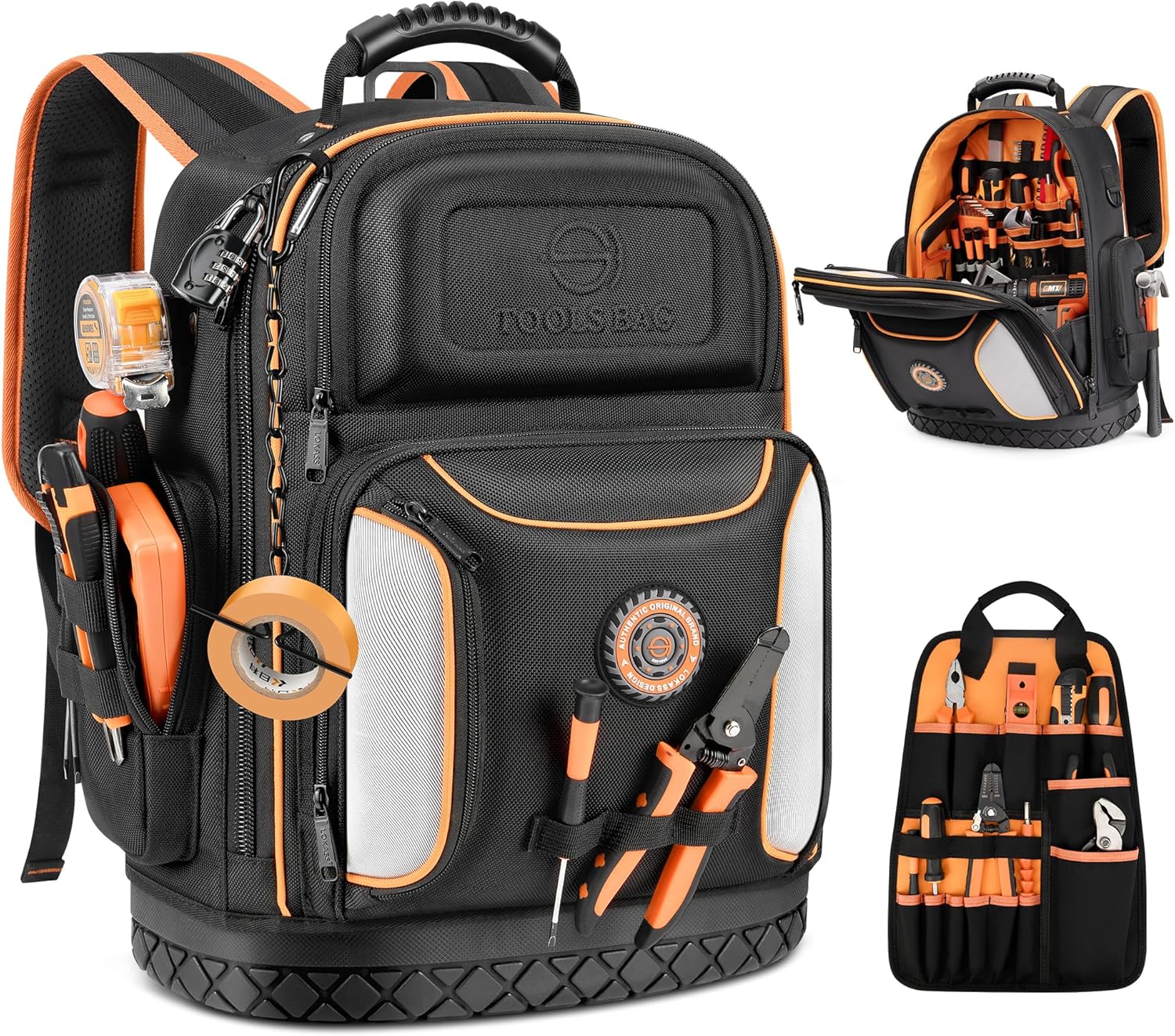 Tool Bag Backpack, 75 Pockets & Loops Heavy Duty Tools Organizer Bags/HVAC Tool Carrier for Eelectrician/Construction Work with Molded Base and Combination Lock, Large, Black and Orange