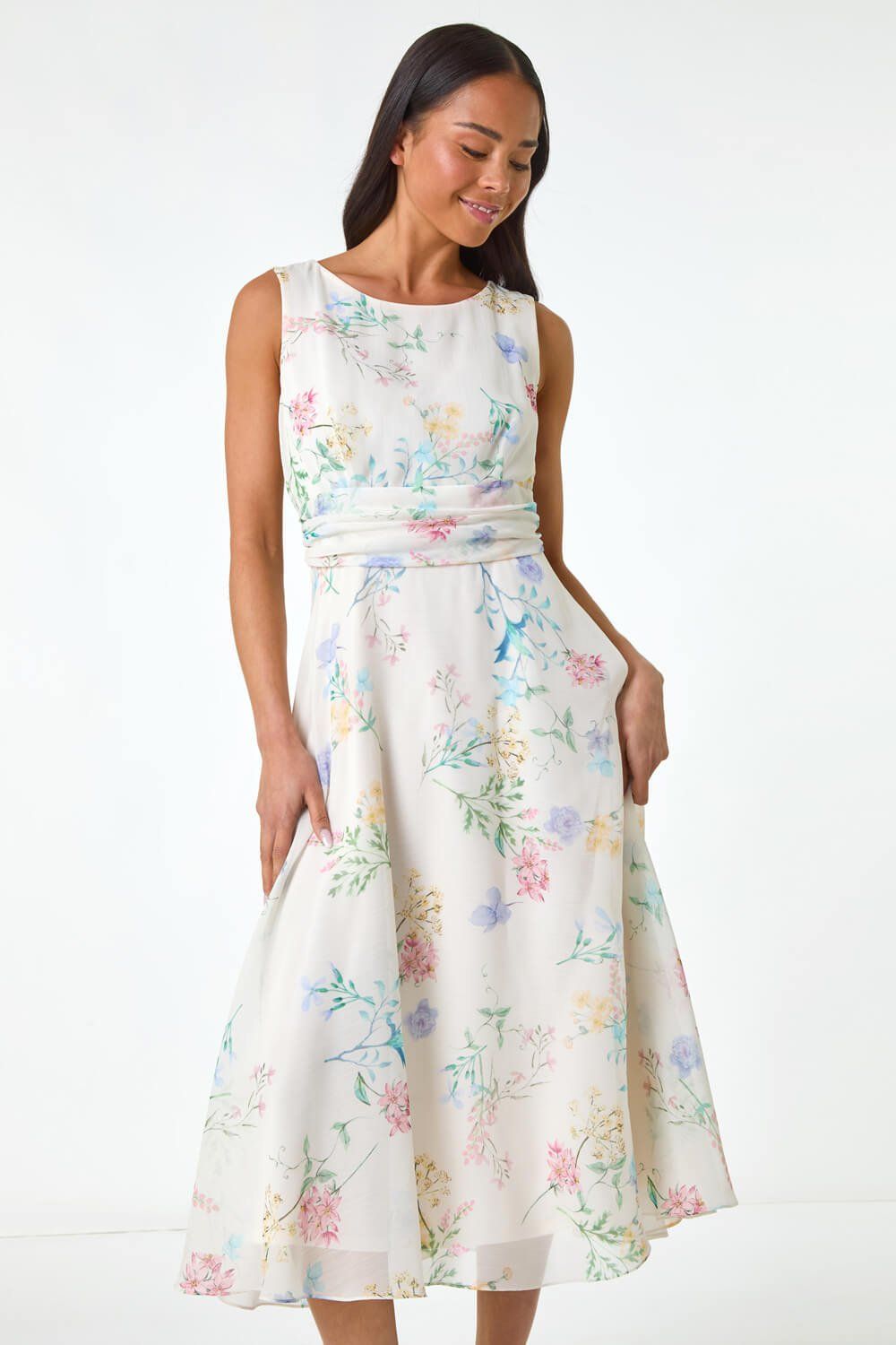 Roman Petite Floral Gathered Waist Midi Dress