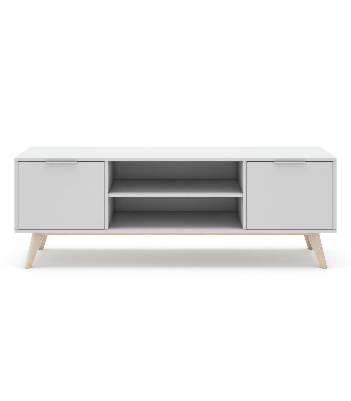 CAMPUS - Meuble TV 2 portes 2 niches blanc et pin massif - L140 cm