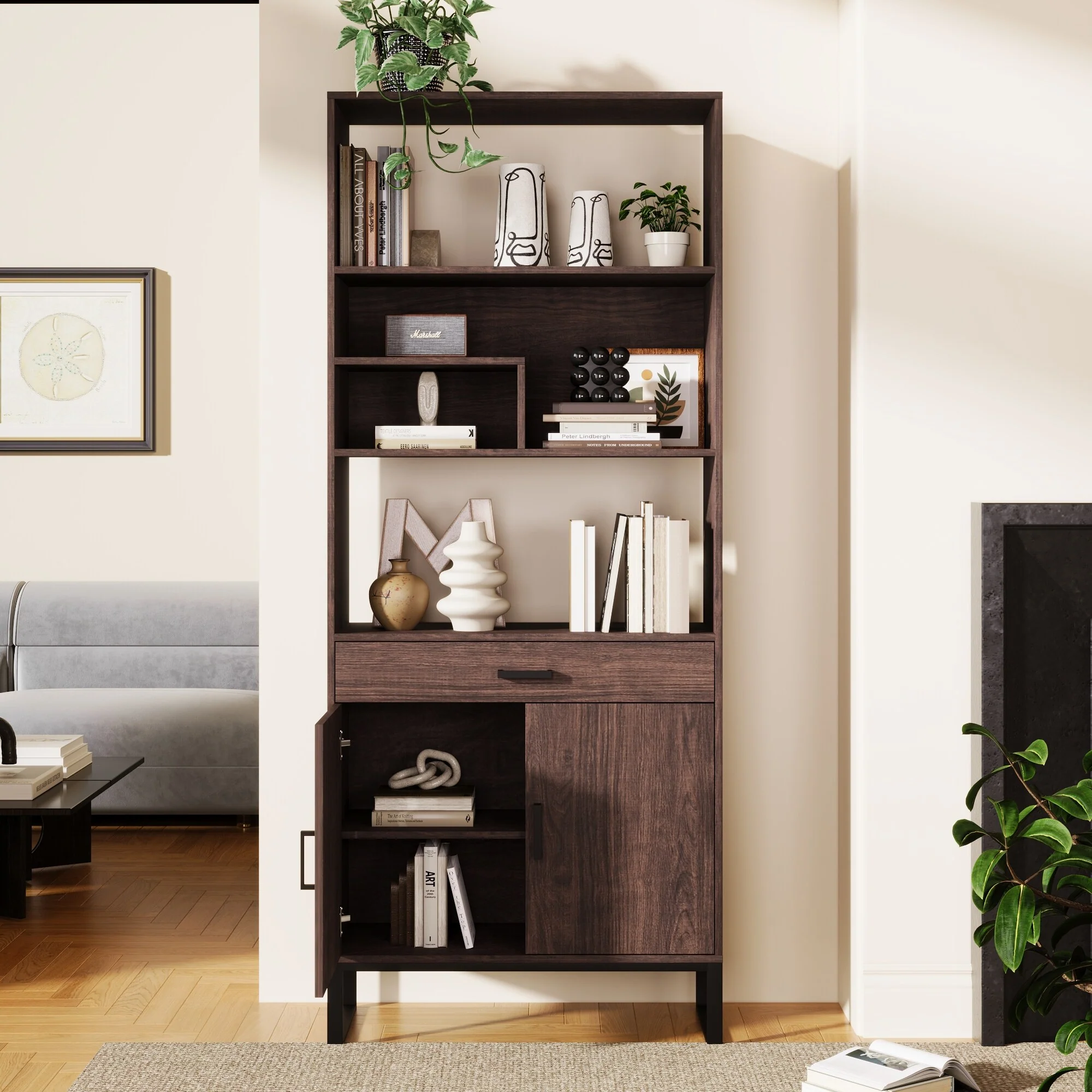 75.9Modern Open Bookshelf with Doors, Bookcase with Storage drawer and LED Strip Lights