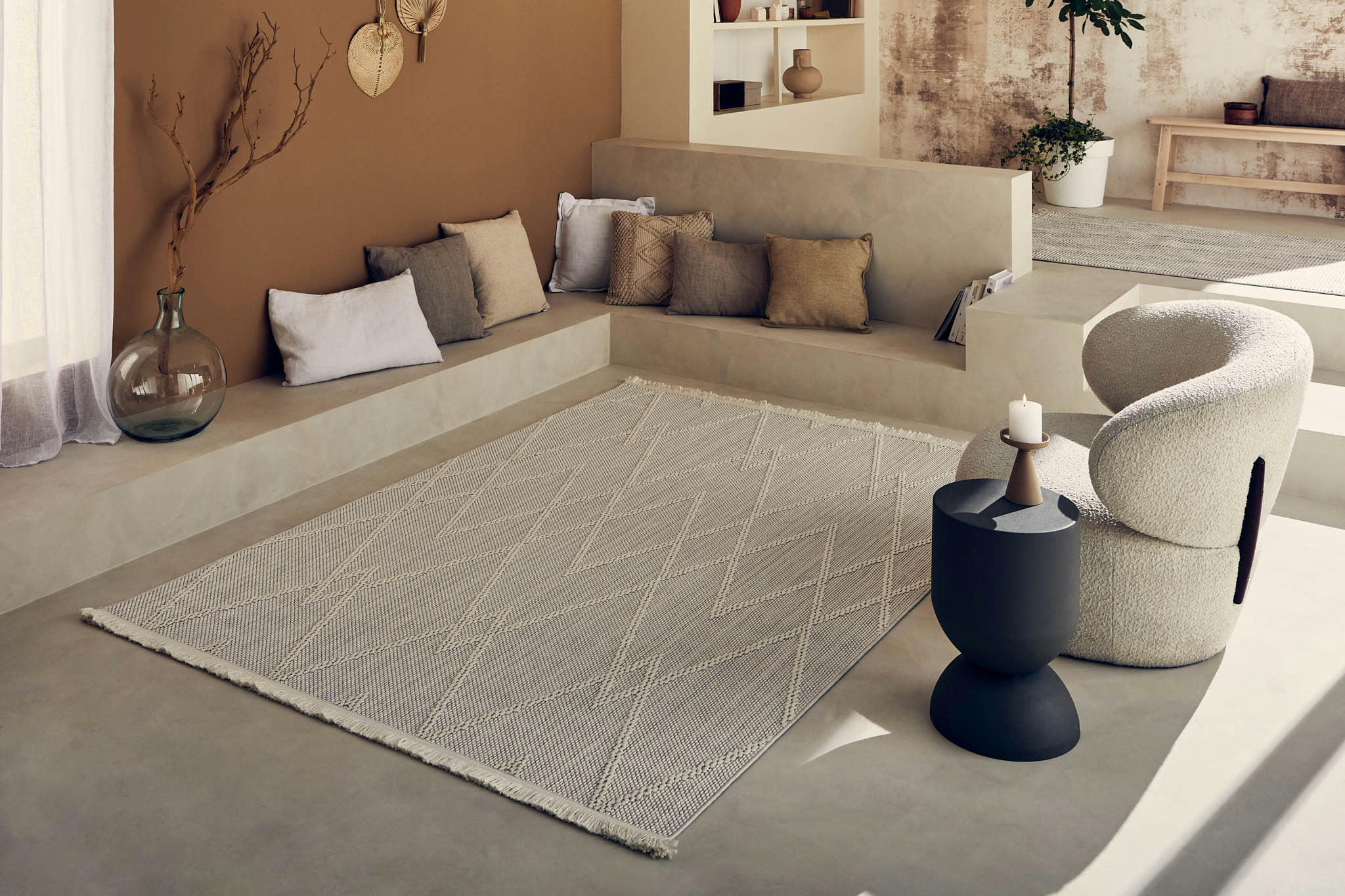 BALI - Tapis Salon blanc Motif Losange en relief  80x150