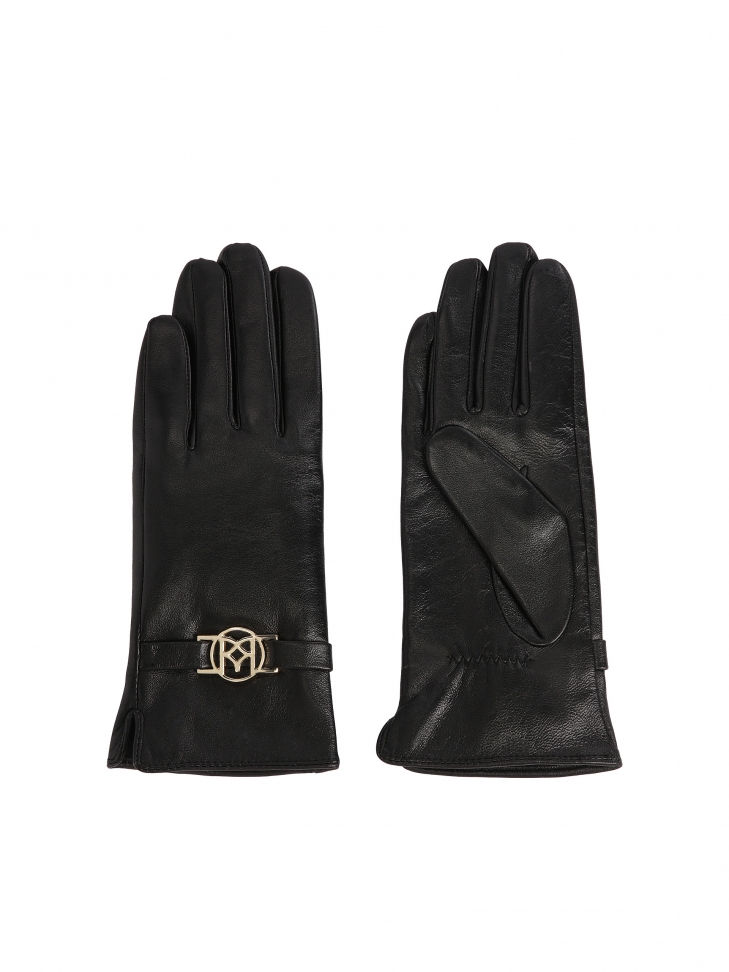 Black leather gloves with monogrammed strap