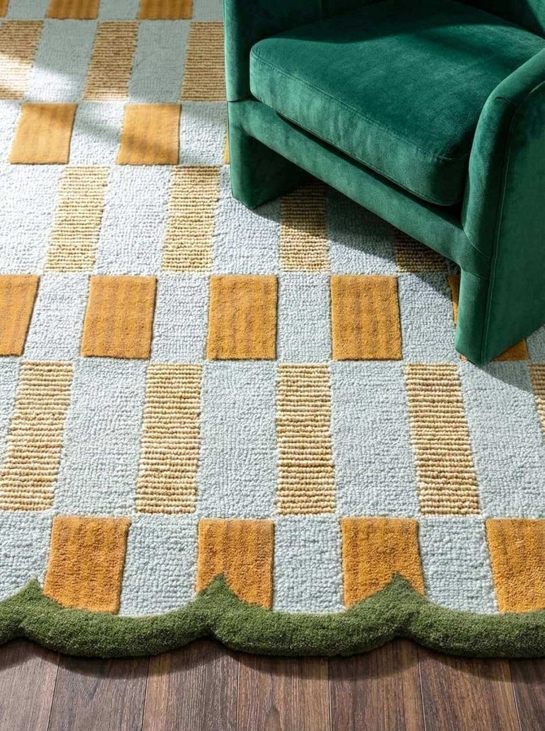 Hand-Tufted Scalloped Wool Area Rug, Modern Plaid Checkered Pattern, Soft & Durable Cozy Accent Rug for Living Room, Bedroom & Nursery, Handmade Decorative Floor Carpet (Light Blue, 8' x 10')