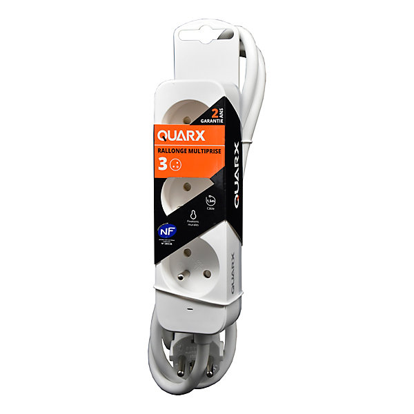 Multiprise 3 prises 2 pôles   terre Quarx blanc / gris 1.5 m
