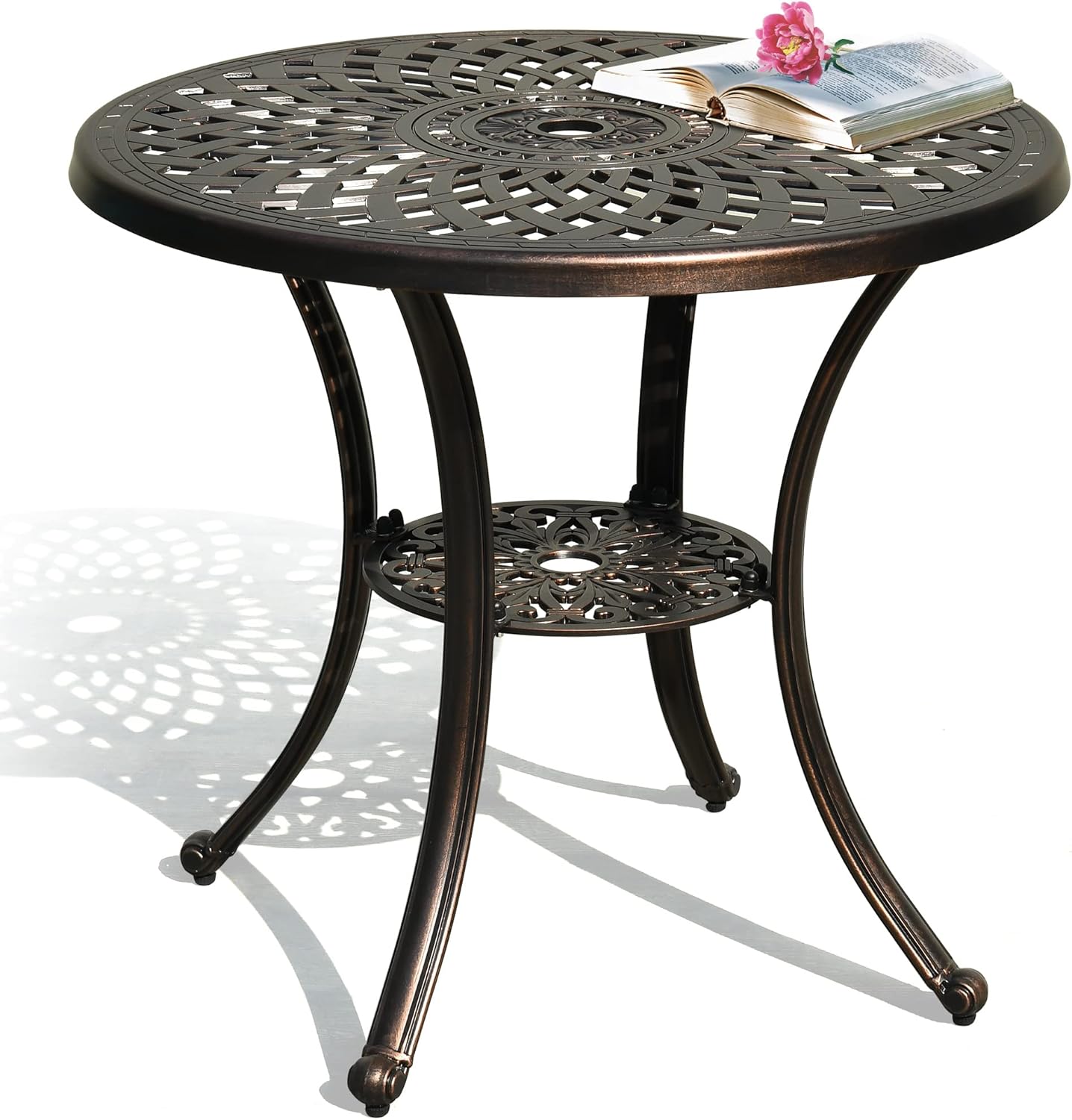 DWVO 30 Inches Round Patio Dining Table with Umbrella Hole, Antique Cast Aluminum Outdoor Bistro Table Outdoor Side Table for Backyard, Garden, Patio, Porch, Hammered Bronze