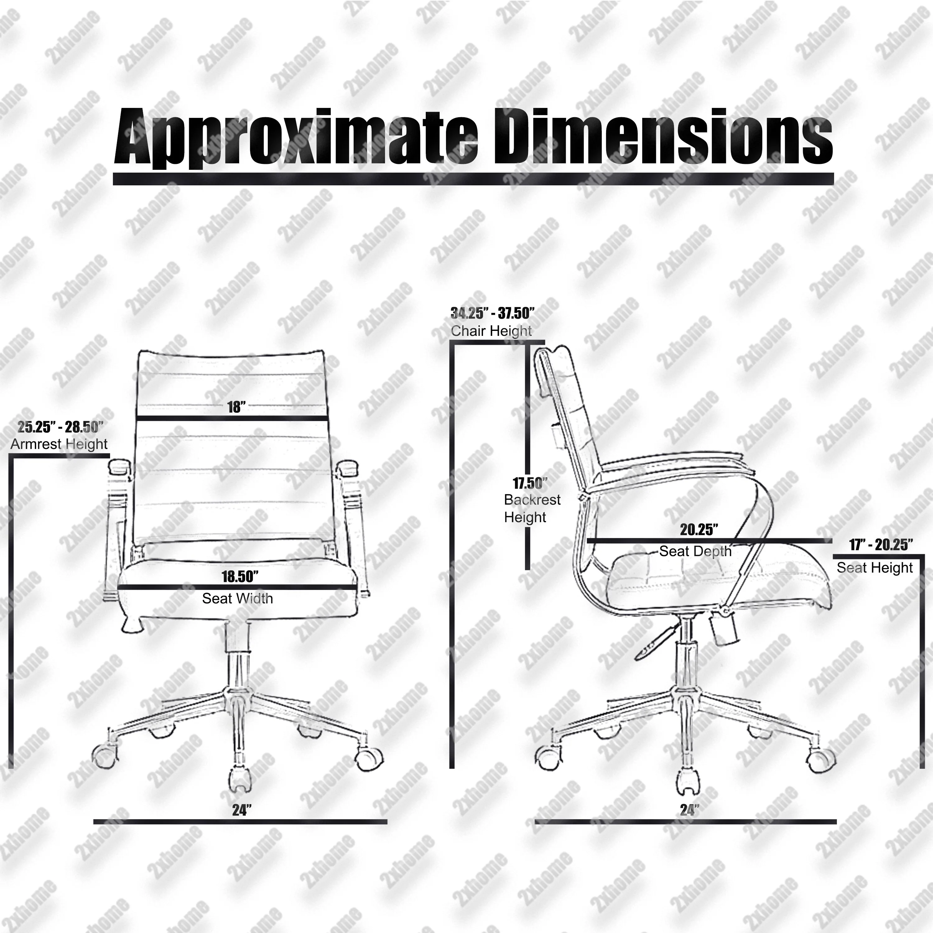 Gray Office Chairs Mid Back Ribbed PU Leather Black Executive Task Work Conference With Arms Wheels Tilt Swivel Rolling
