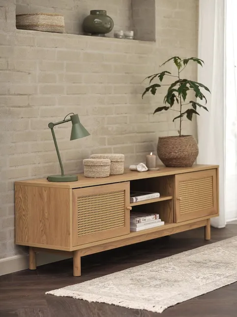 TV-bord HILLESTED 2 låger varm egefarve/polyrattan