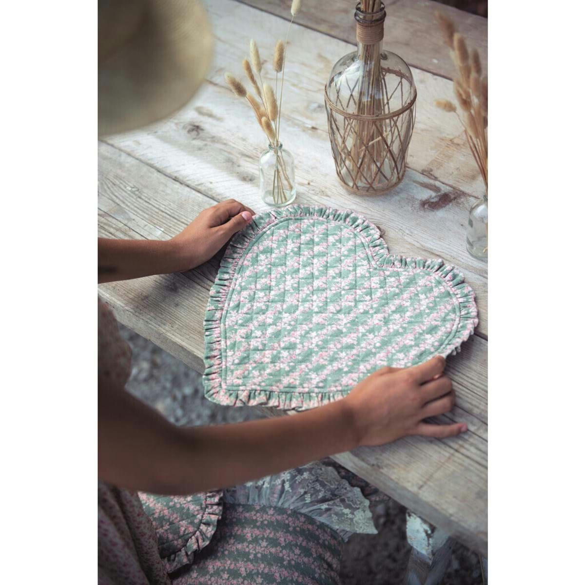 - Set de table cœur en coton vert