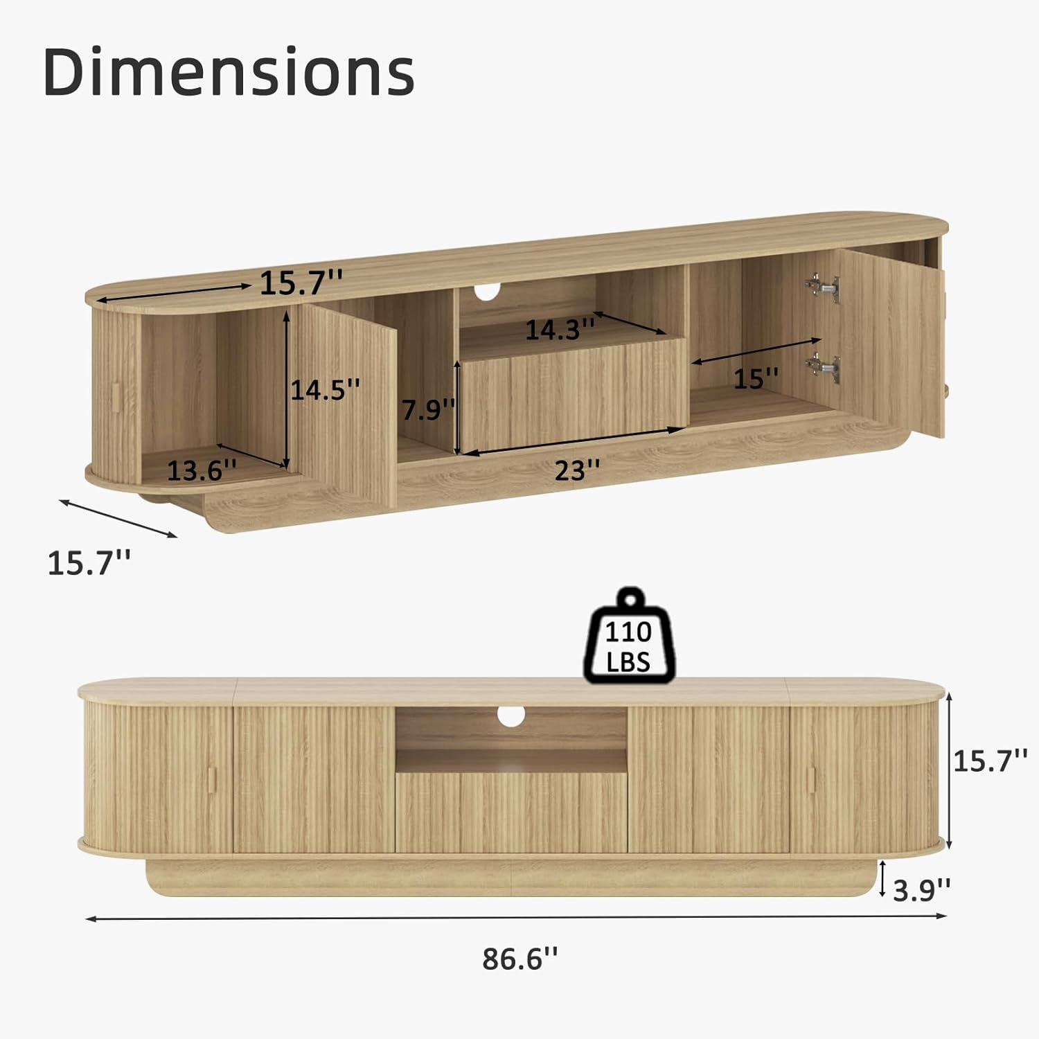 86.61'' Tambour TV Stand for 55-85 Inch, Modern Entertainment Center with Large Storage Cabinet & Open Shelves, TV Console with Sliding Doors for Living Room, Bedroom, Natural