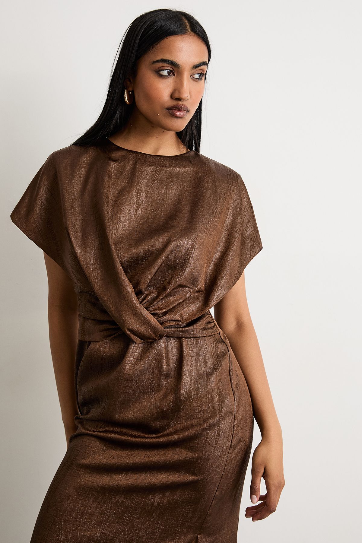 Warehouse Leather Look Satin Twist Front Detail Midi Dress