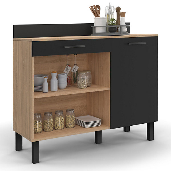 Buffet bas de cuisine 100 CM CINA plan de travail H.83 cm 1 porte   1 tiroir façon hêtre et noir