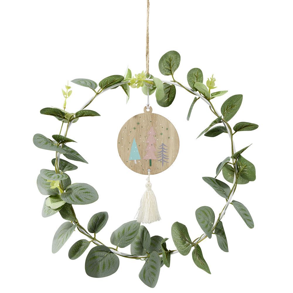 Couronne de No&euml;l feuillage eucalyptus avec suspension bois et pompon Ø25cm