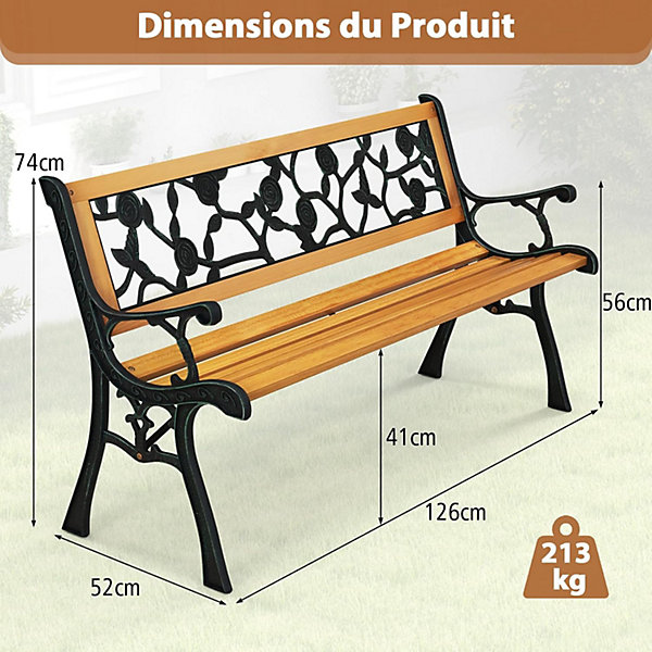 Banc de Jardin Extérieur pour 3 Personnes Banc de Patio en Métal Moulé Banc de Parc avec Siège en Bois de Pin Vintage