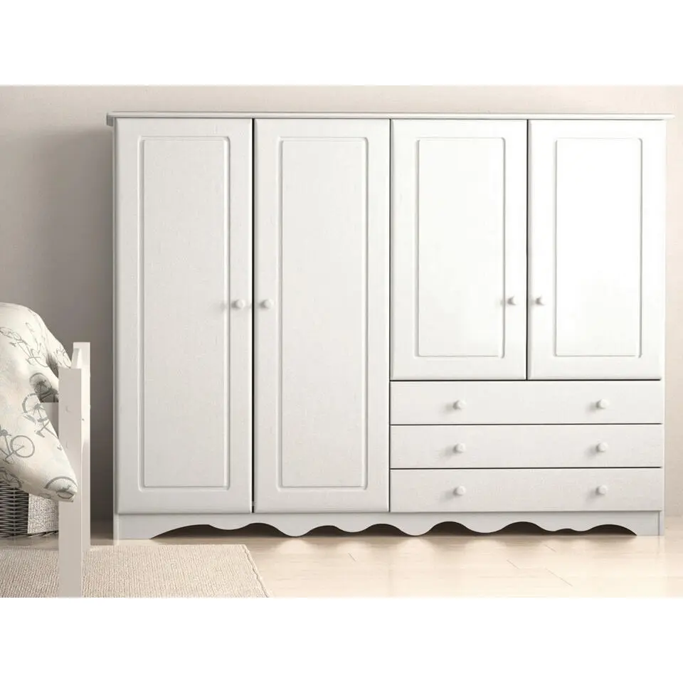 Minik - Kledingkast met 4 deuren en 3 laden en wit grenen