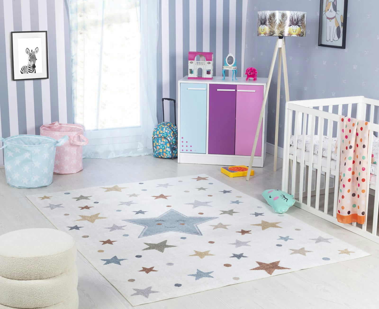 SUPERMAMA - Tapis Enfant Lavable Étoiles Multicolore/Bleu 120x170