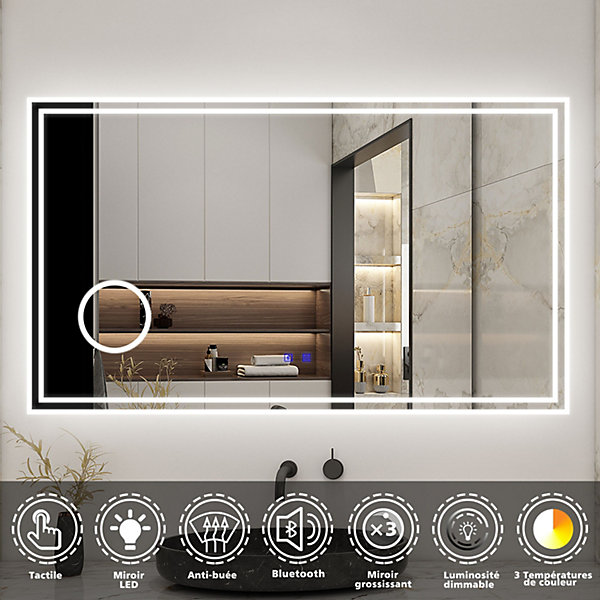 Miroir de salle de bain LED 100x60cm Tricolor anti-buée avec bluetooth simple et miroir grossissant 3x, AICA SANITAIRE
