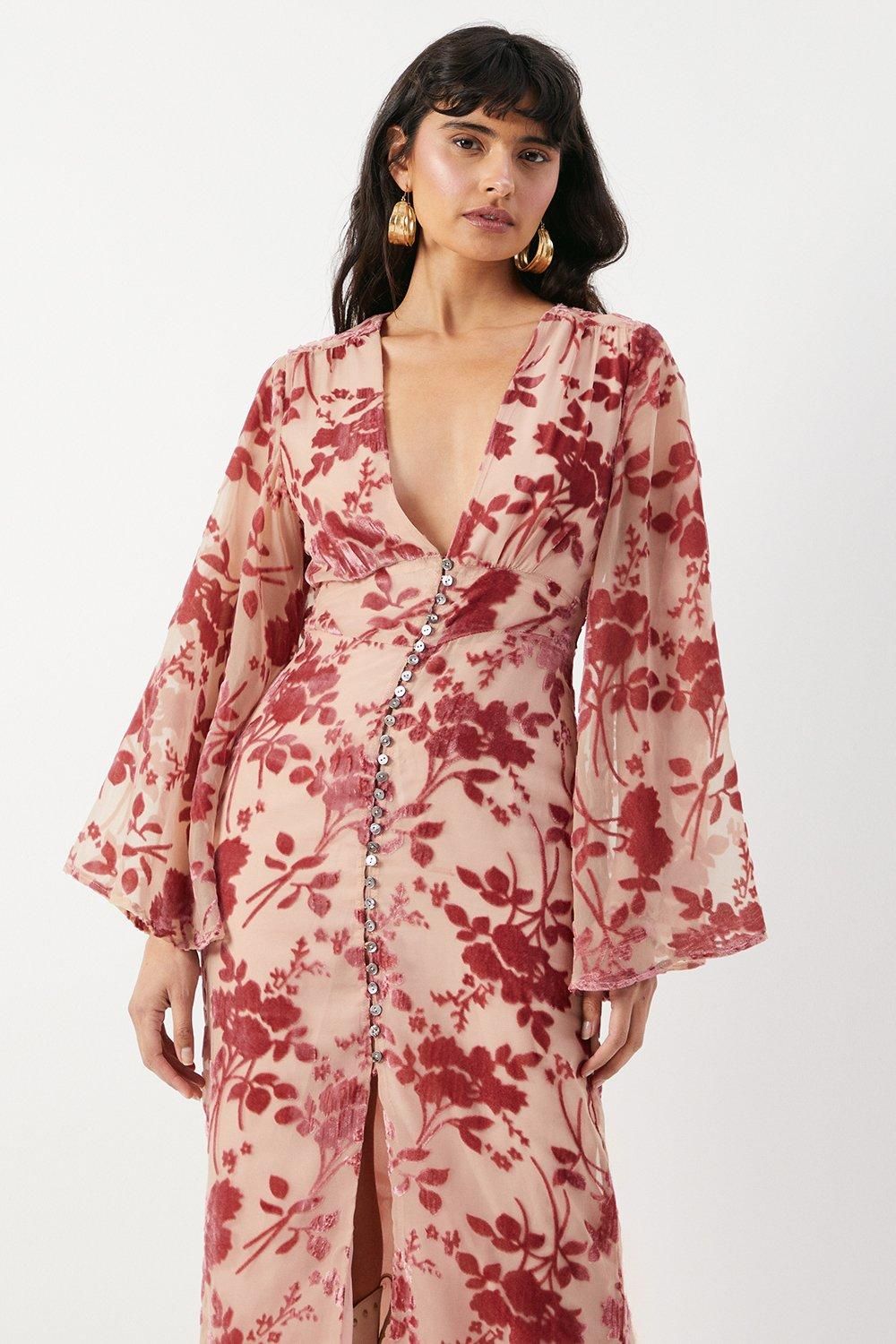 Warehouse Velvet Plunge Neck Flared Sleeve Button Through Midi Dress