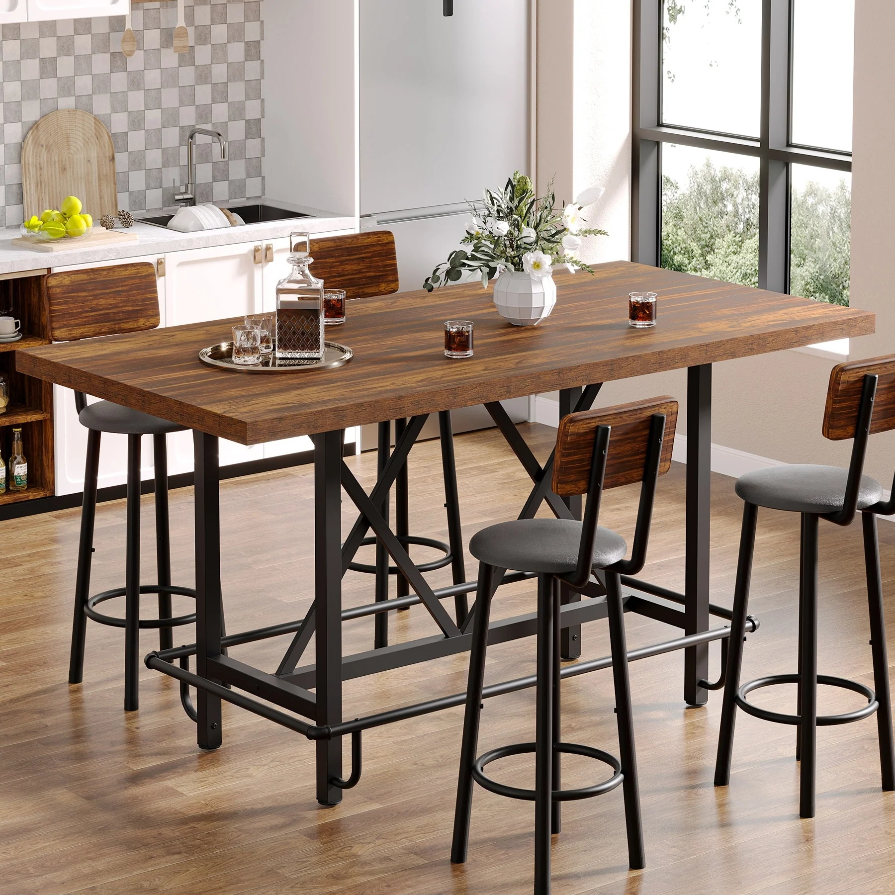 6-People Counter Bar Height Pub Table withe Footrest, Tall Bar Table with Thicken Wood Tabletop and Metal Frame for Home/Kitchen