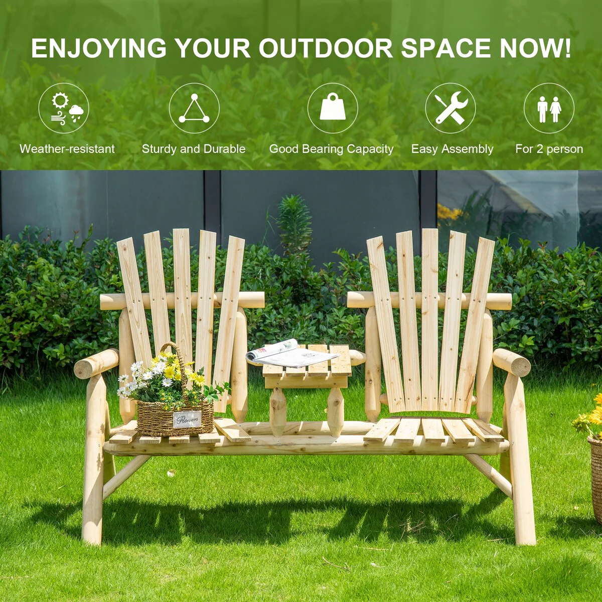 2-Seat Wooden Adirondack Chair, Patio Bench with Table, Outdoor Loveseat Fire Pit Chair