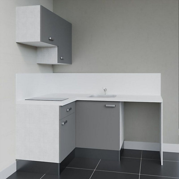 Kitchenette KA02 - 128 cm - Façades : Gris - Plan de travail : Blanc - Crédences : Oui - Evier
