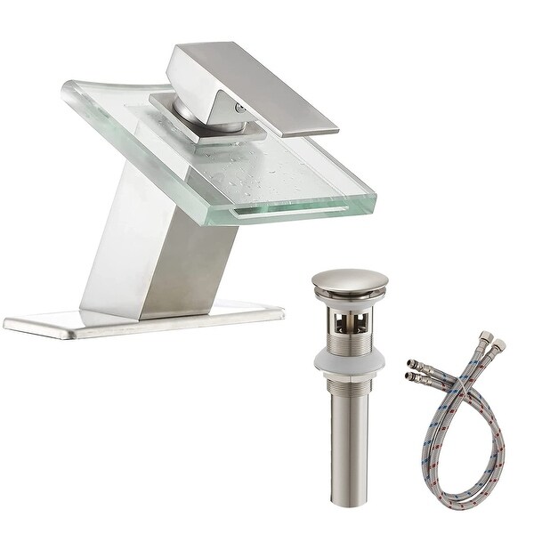 Waterfall Bathroom Faucet With Drain Assembly Single Handle Bathroom Sink Faucet One Hole Modern Square Glass Basin Vanity Taps