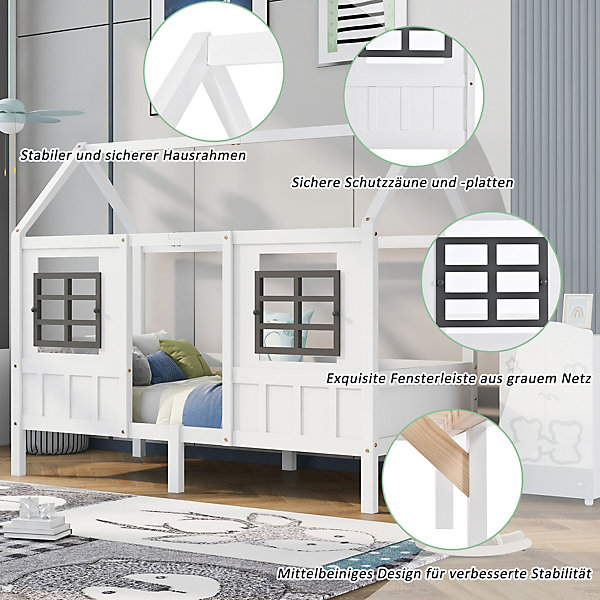 Lit enfant 90x200 cm Cabane avec 2 Tiroirs et Rangement sous Lit, Maison en Bois Massif Blanc, Tiroirs en Bois, Sans Matelas