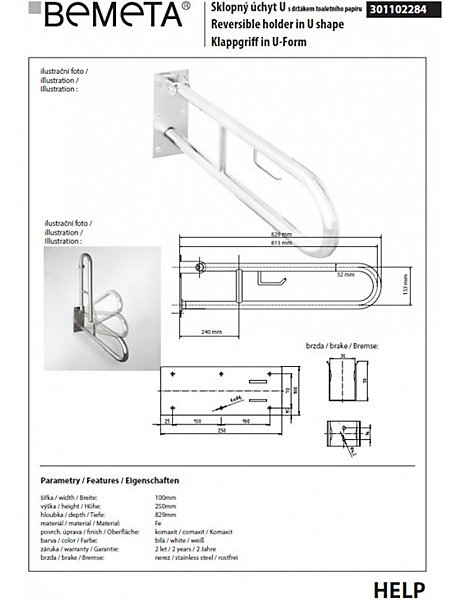 Barre d'appui blanche U HELP 813 avec supp. papier toilette 10x25x82,9cm