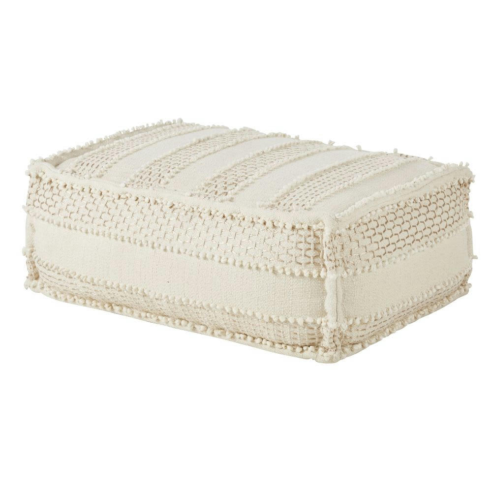 SATOU - Pouf rectangulaire en coton blanc avec broderies et franges