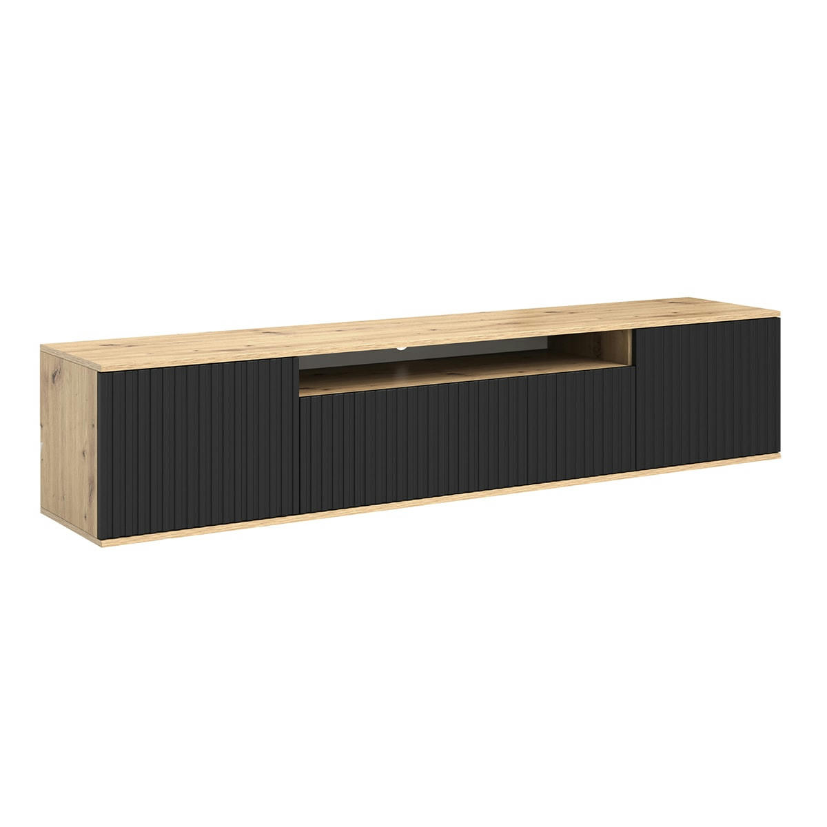 - Meuble TV mural 3 portes 200 cm stratifiés, métal naturel et noir