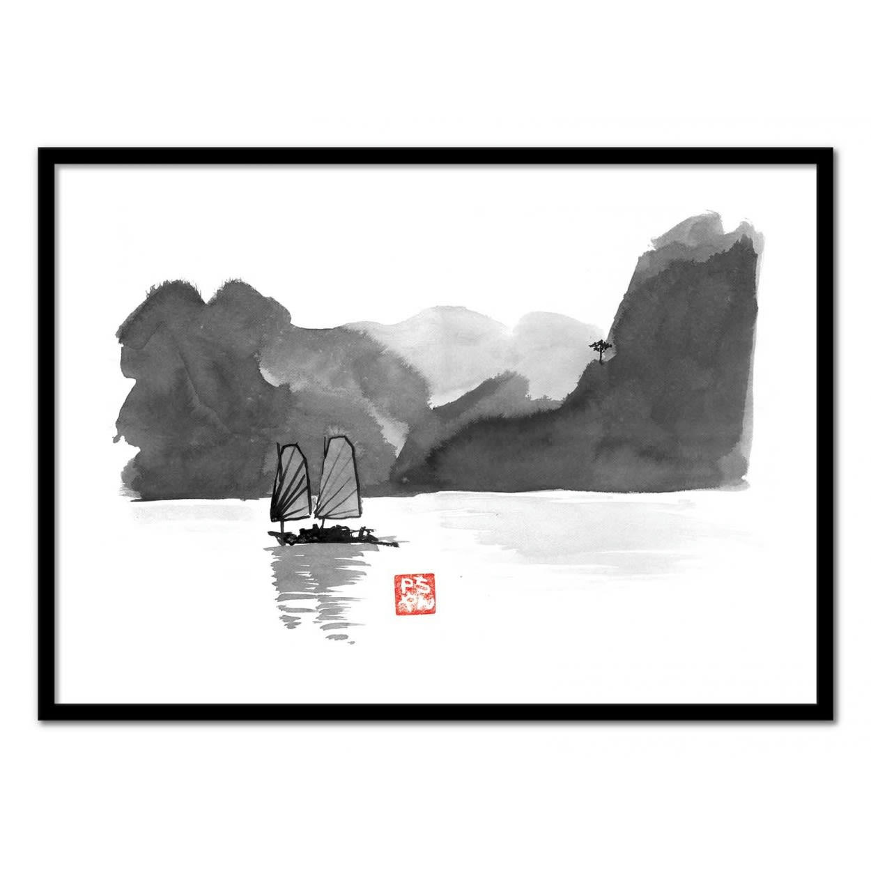 PECHANE SUMIE - HALONG BAY - Affiche d'art avec Cadre bois noir - 50 x 70 cm