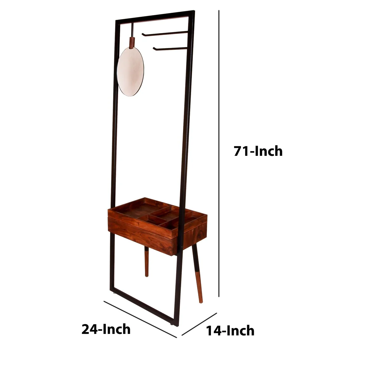 71 Inch Metal Frame Coat Rack Built In Mirror with 1 Drawer