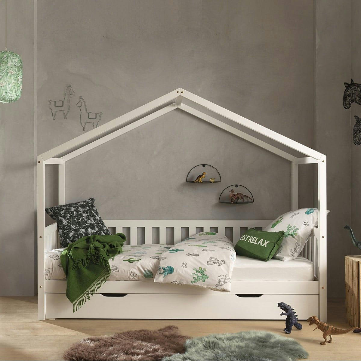 ARKAN - Lit  maison à barrières 90x200cm pin blanc + tiroir