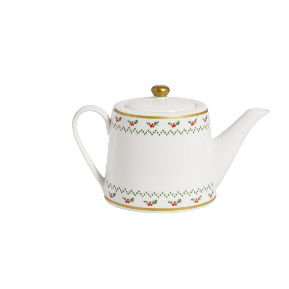 Theière de No&euml;l 1,2L blanche et dorée motifs houx