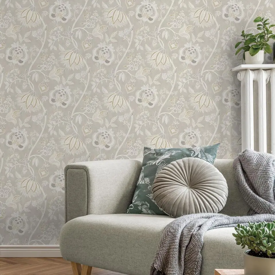 Sanders & Sanders behang bloemen lichtgrijs en beige - 53 cm x 10 m
