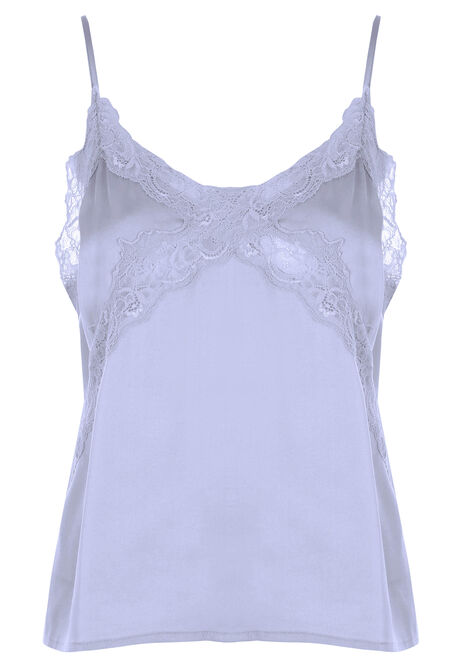 Womens Blue Satin Lace Trim Cami Top
