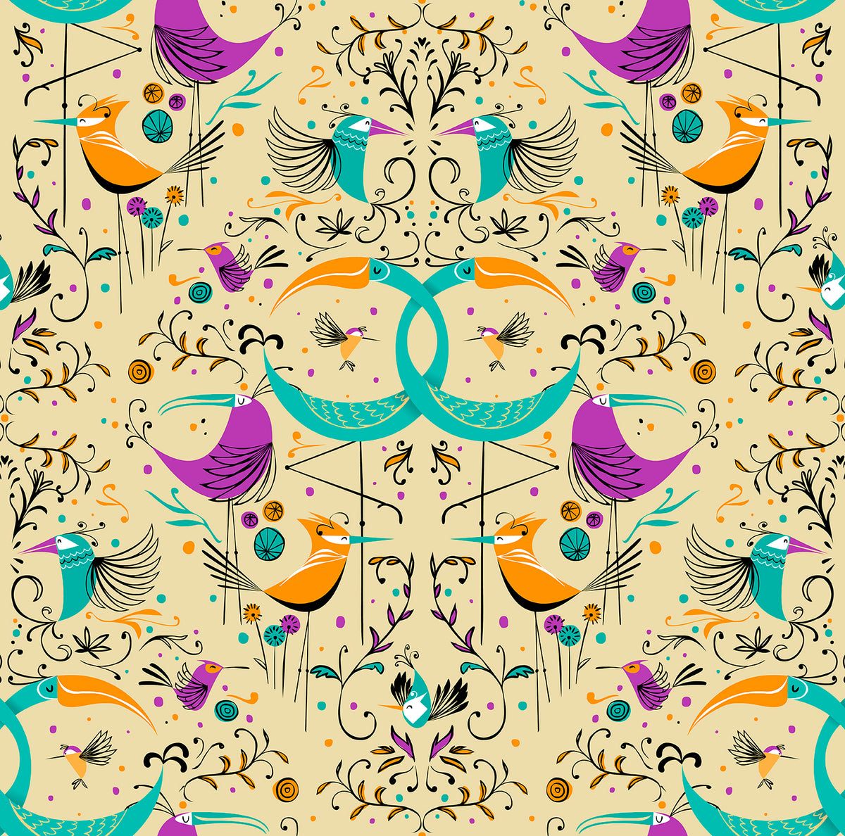 Walls4You behang vogels okergeel en meerkleurig - 53 cm x 10 m - 640131