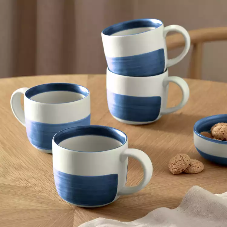 Habitat Artisan Stripe Set of 4 Stoneware Mugs - Blue