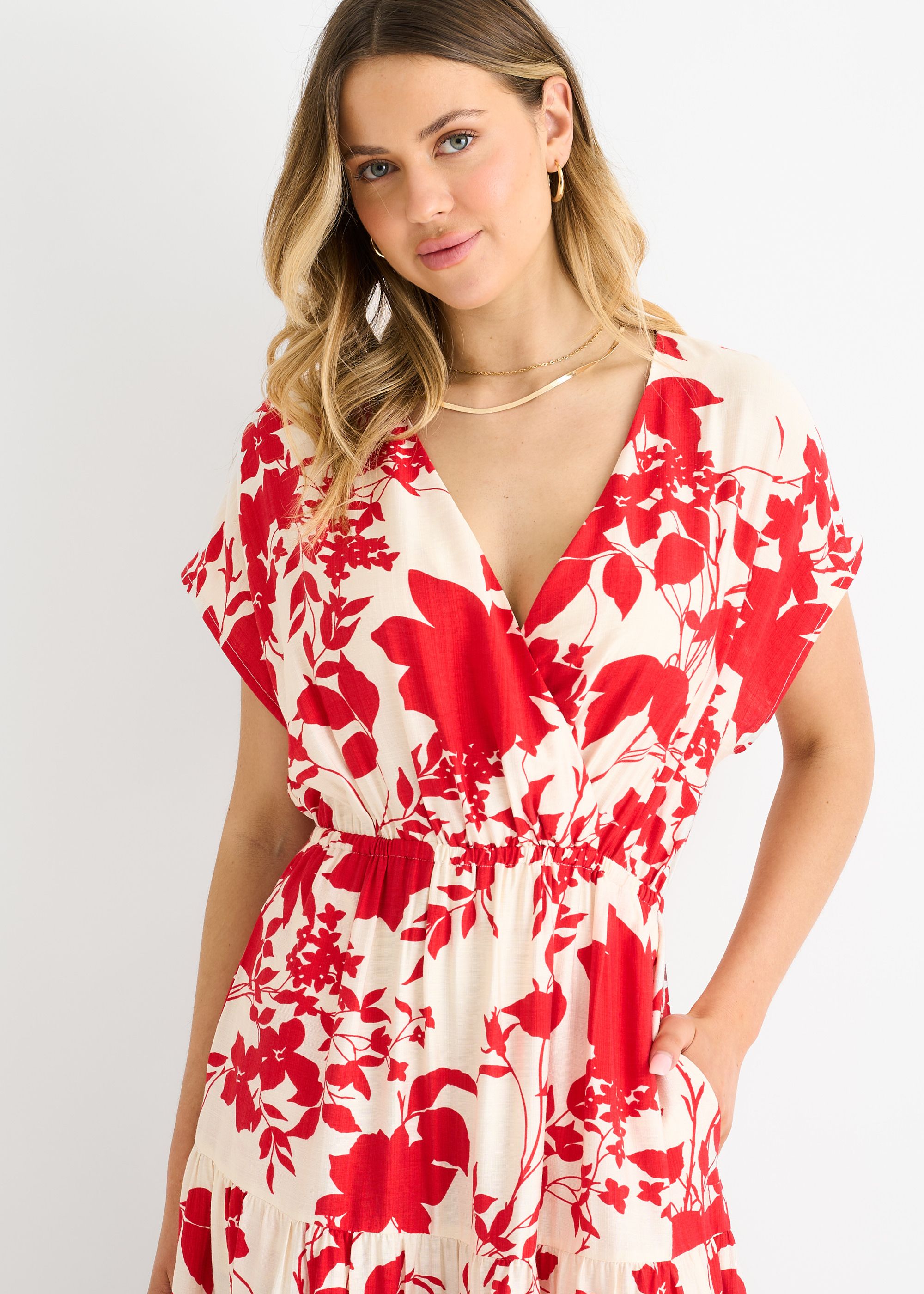 Gini London Red Floral Elastic Waist Maxi Dress
